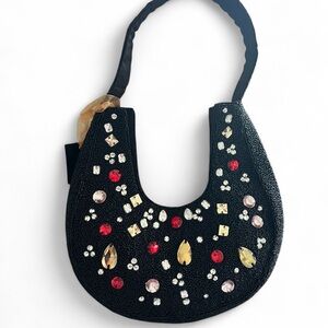 New Black Beaded Jewel-Embellished Handbag